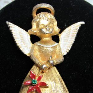 Vintage ANGEL Girl CHRISTMAS PIN Brooch Gerry's? Gold tone Enameled Poinsetta